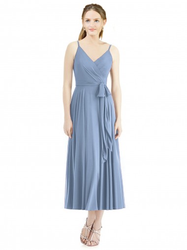 Magasins de Bleu poussiéreux Trapèze Bretelles spaghetti Mousseline Courte Robes demoiselle d'honneur