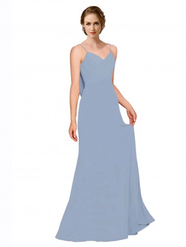 Magasins de Bleu poussiéreux Trapèze Bretelles spaghetti Mousseline Longue Robes demoiselle d'honneur
