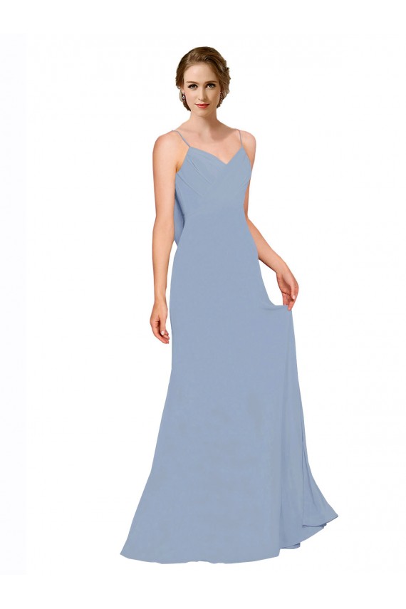 Magasins de Bleu poussiéreux Trapèze Bretelles spaghetti Mousseline Longue Robes demoiselle d'honneur