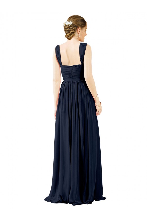 Magasins de Bleu poussiéreux Trapèze Col Carré Mousseline Longue Robes demoiselle d'honneur