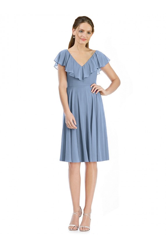Magasins de Bleu poussiéreux Trapèze Col V Mousseline Courte Robes demoiselle d'honneur
