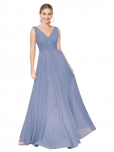 Magasins de Bleu poussiéreux Trapèze Col V Mousseline Longue Formelles Robes demoiselle d'honneur / Robes de soirée / Robes de bal