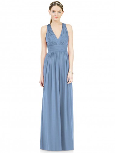 Magasins de Bleu poussiéreux Trapèze Col V Mousseline Longue Robes demoiselle d'honneur