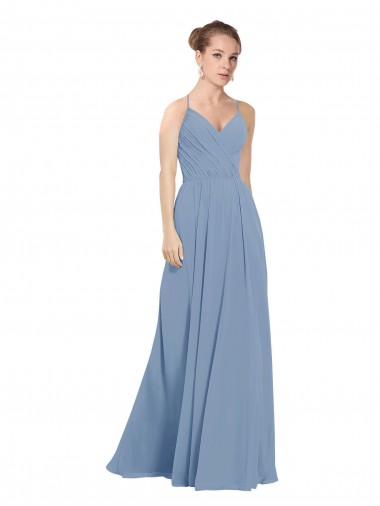 Magasins de Bleu poussiéreux Trapèze Col V Mousseline Longue Robes demoiselle d'honneur