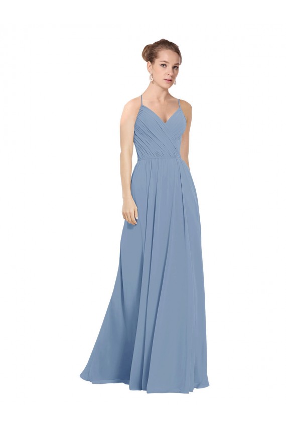 Magasins de Bleu poussiéreux Trapèze Col V Mousseline Longue Robes demoiselle d'honneur