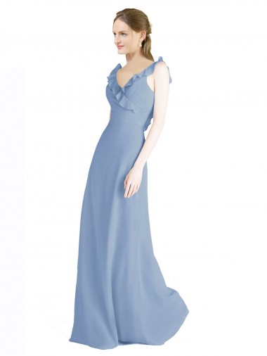 Magasins de Bleu poussiéreux Trapèze Col V Mousseline Longue Robes demoiselle d'honneur