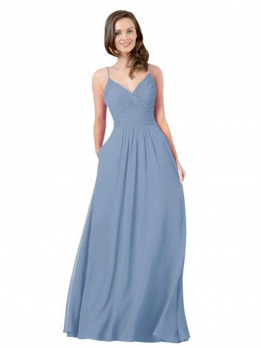 Magasins de Bleu poussiéreux Trapèze Col V Mousseline Longue Robes demoiselle d'honneur