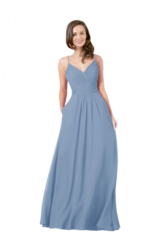 Magasins de Bleu poussiéreux Trapèze Col V Mousseline Longue Robes demoiselle d'honneur