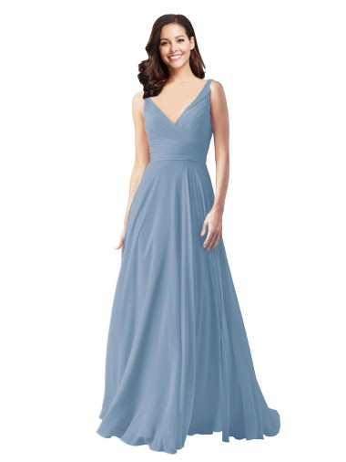 Magasins de Bleu poussiéreux Trapèze Col V Mousseline Longue Robes demoiselle d'honneur