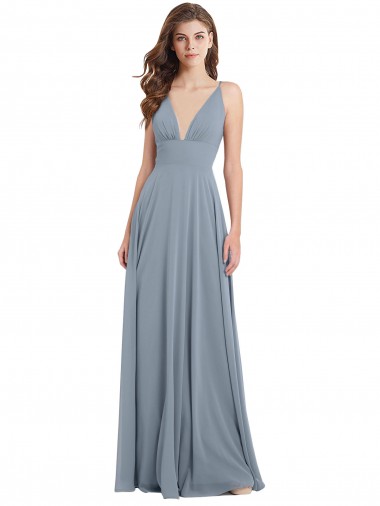 Magasins de Bleu poussiéreux Trapèze Col V Mousseline Longue Robes demoiselle d'honneur