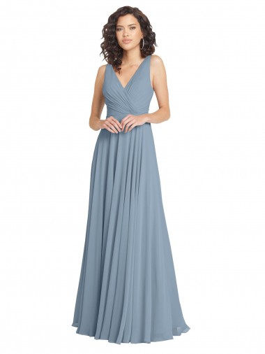 Magasins de Bleu poussiéreux Trapèze Col V Mousseline Longue Robes demoiselle d'honneur