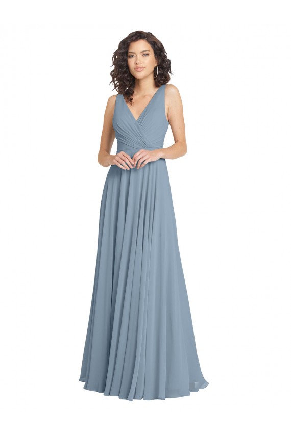 Magasins de Bleu poussiéreux Trapèze Col V Mousseline Longue Robes demoiselle d'honneur