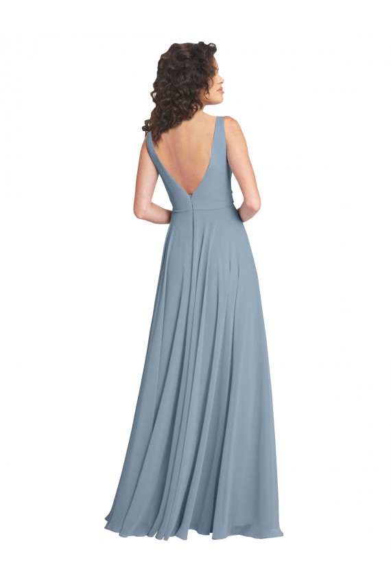 Magasins de Bleu poussiéreux Trapèze Col V Mousseline Longue Robes demoiselle d'honneur