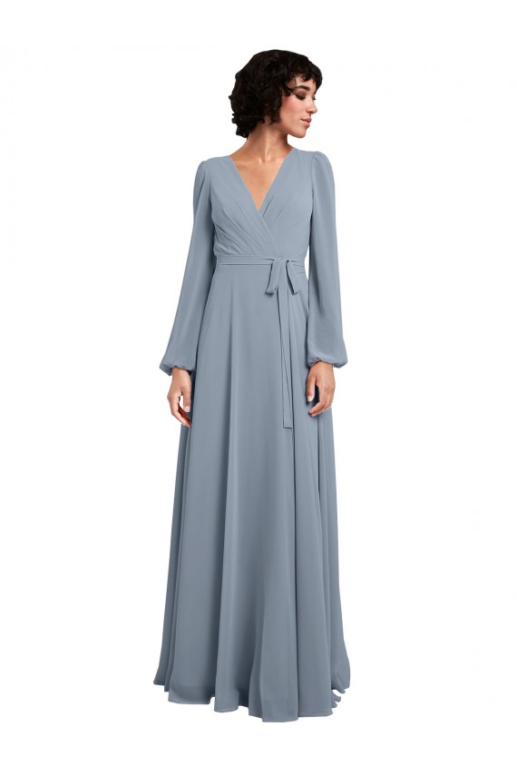 Magasins de Bleu poussiéreux Trapèze Col V Mousseline Longue Robes demoiselle d'honneur