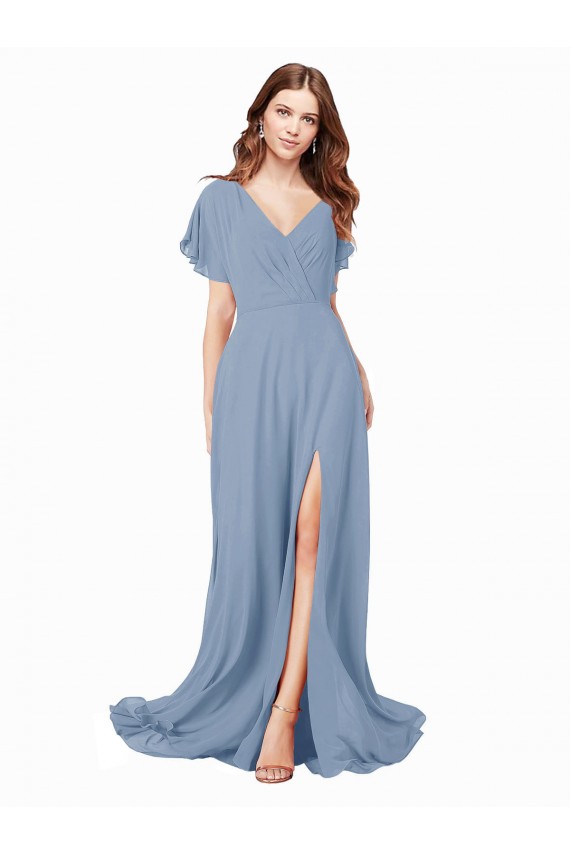Magasins de Bleu poussiéreux Trapèze Col V Mousseline Longue Robes demoiselle d'honneur / Robes de bal
