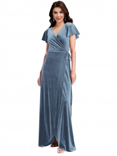 Magasins de Bleu poussiéreux Trapèze Col V Velours Stretch Longue Robes demoiselle d'honneur / Robes de bal