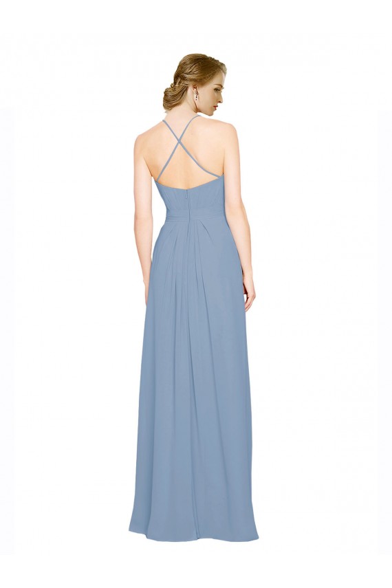 Magasins de Bleu poussiéreux Trapèze Licou Col Haut Mousseline Longue Robes demoiselle d'honneur