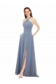 Magasins de Bleu poussiéreux Trapèze Licou Col Haut Mousseline Longue Robes demoiselle d'honneur