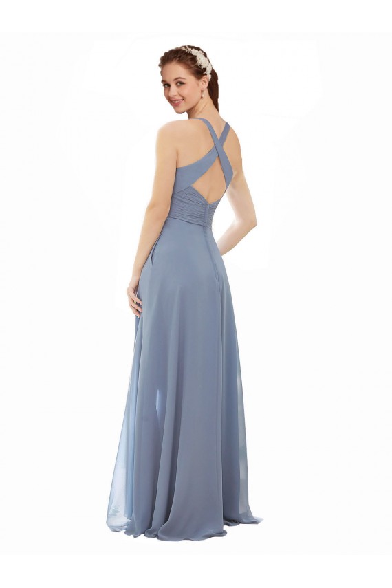 Magasins de Bleu poussiéreux Trapèze Licou Col Haut Mousseline Longue Robes demoiselle d'honneur
