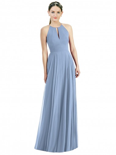 Magasins de Bleu poussiéreux Trapèze Licou Mousseline Longue Robes demoiselle d'honneur