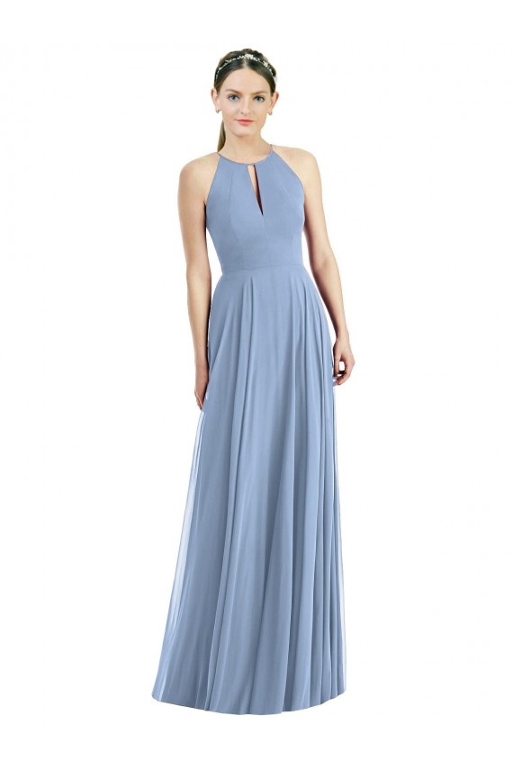Magasins de Bleu poussiéreux Trapèze Licou Mousseline Longue Robes demoiselle d'honneur