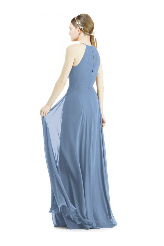Magasins de Bleu poussiéreux Trapèze Licou Mousseline Longue Robes demoiselle d'honneur