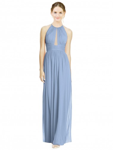 Magasins de Bleu poussiéreux Trapèze Licou Mousseline Longue Robes demoiselle d'honneur