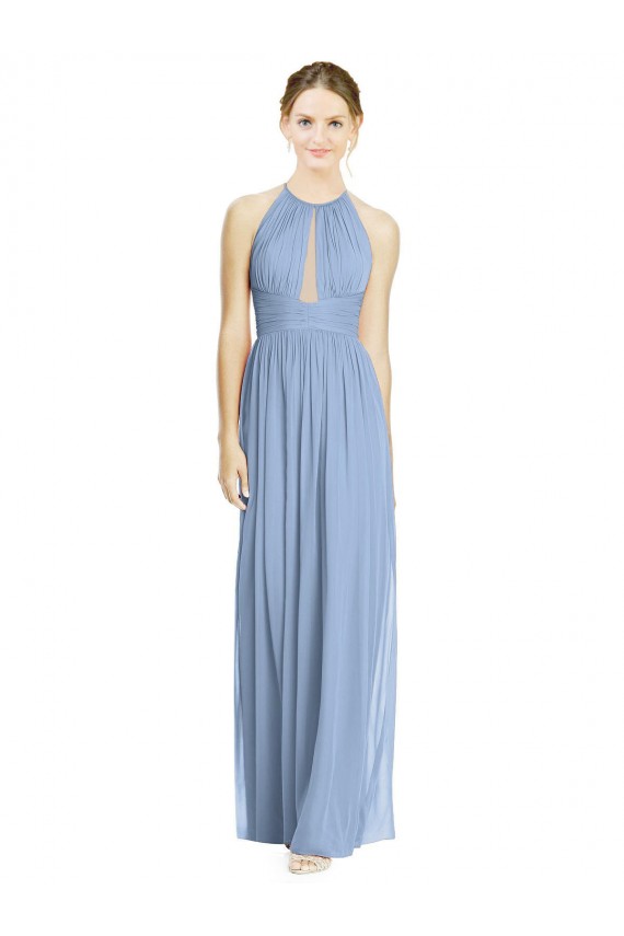Magasins de Bleu poussiéreux Trapèze Licou Mousseline Longue Robes demoiselle d'honneur