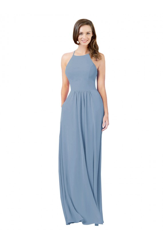 Magasins de Bleu poussiéreux Trapèze Licou Mousseline Longue Robes demoiselle d'honneur