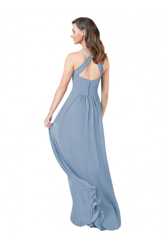 Magasins de Bleu poussiéreux Trapèze Licou Mousseline Longue Robes demoiselle d'honneur