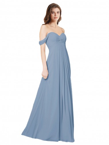 Magasins de Bleu poussiéreux Trapèze Mousseline Longue Robes demoiselle d'honneur
