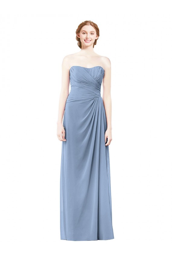 Magasins de Bleu poussiéreux Trapèze Sans bretelle Mousseline Longue Robes demoiselle d'honneur