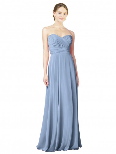 Magasins de Bleu poussiéreux Trapèze Sans bretelle Mousseline Longue Robes demoiselle d'honneur