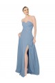 Magasins de Bleu poussiéreux Trapèze Sans bretelle Mousseline Longue Robes demoiselle d'honneur