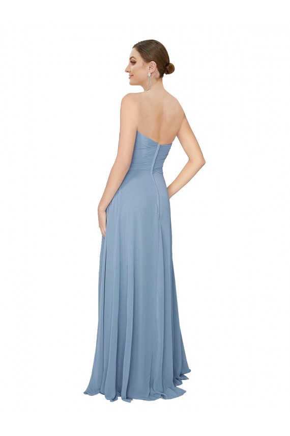 Magasins de Bleu poussiéreux Trapèze Sans bretelle Mousseline Longue Robes demoiselle d'honneur
