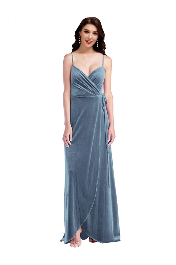 Magasins de Bleu poussiéreux Trapèze Velours Stretch Longue Robes demoiselle d'honneur / Robes de bal