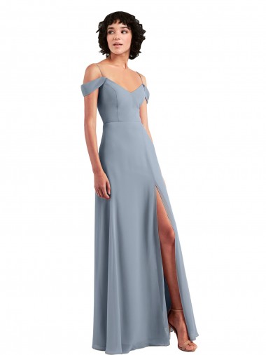 Magasins de Bleu poussiéreux Trapèze Épaule Dénudée Bretelles spaghetti Mousseline Longue Robes demoiselle d'honneur