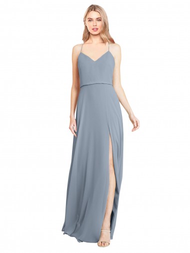Magasins de Bleu poussiéreux Trapèze Épaule Dénudée Bretelles spaghetti Mousseline Longue Robes demoiselle d'honneur