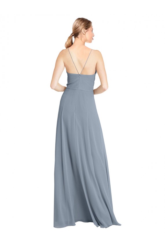 Magasins de Bleu poussiéreux Trapèze Épaule Dénudée Bretelles spaghetti Mousseline Longue Robes demoiselle d'honneur