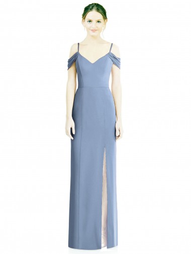 Magasins de Bleu poussiéreux Trapèze Épaule Dénudée Mousseline Longue Formelles Robes demoiselle d'honneur / Robes de soirée