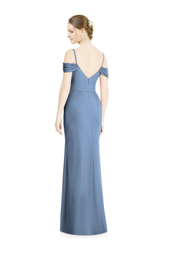 Magasins de Bleu poussiéreux Trapèze Épaule Dénudée Mousseline Longue Formelles Robes demoiselle d'honneur / Robes de soirée