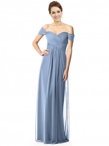 Magasins de Bleu poussiéreux Trapèze Épaule Dénudée Mousseline Longue Robes demoiselle d'honneur