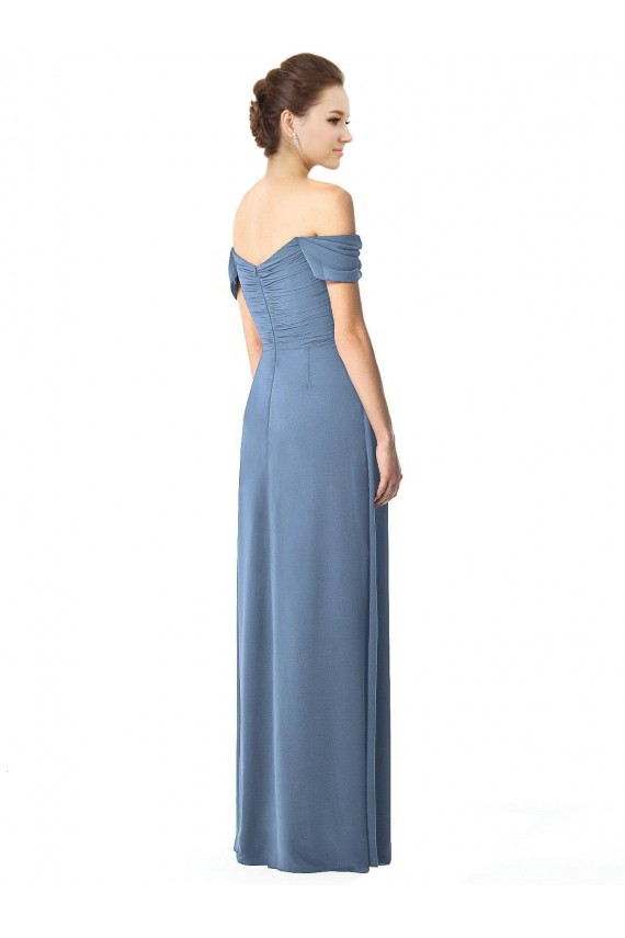Magasins de Bleu poussiéreux Trapèze Épaule Dénudée Mousseline Longue Robes demoiselle d'honneur