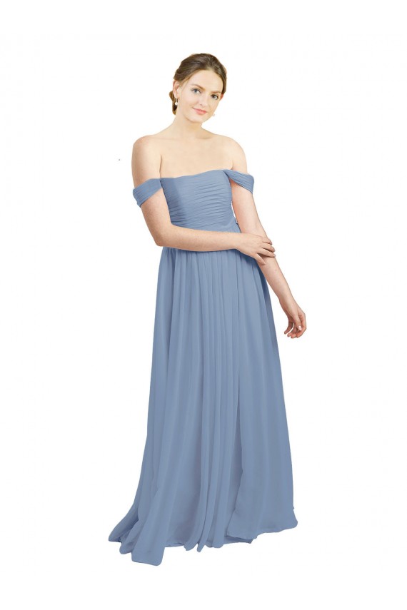 Magasins de Bleu poussiéreux Trapèze Épaule Dénudée Mousseline Longue Robes demoiselle d'honneur