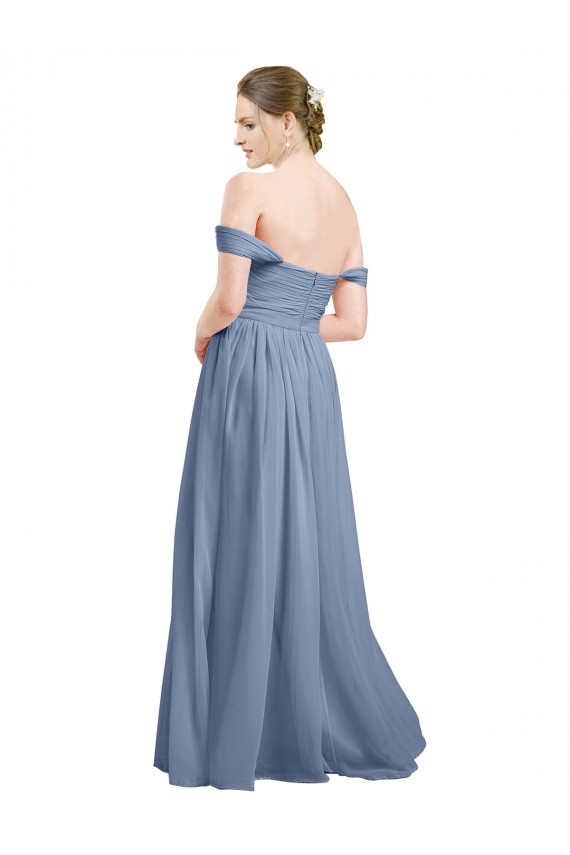 Magasins de Bleu poussiéreux Trapèze Épaule Dénudée Mousseline Longue Robes demoiselle d'honneur