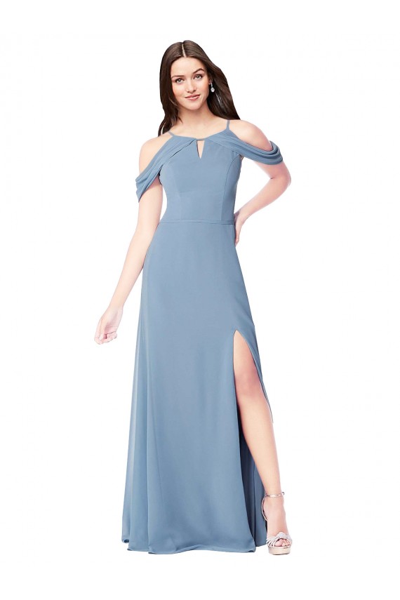 Magasins de Bleu poussiéreux Trapèze Épaule Dénudée Mousseline Longue Robes demoiselle d'honneur