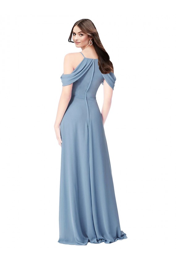 Magasins de Bleu poussiéreux Trapèze Épaule Dénudée Mousseline Longue Robes demoiselle d'honneur