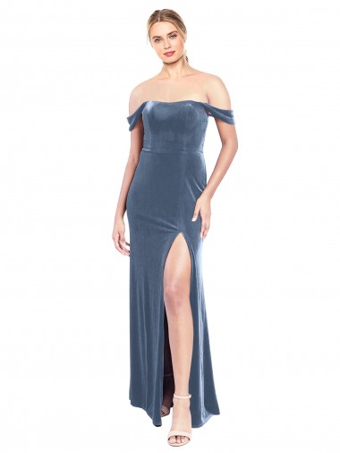 Magasins de Bleu poussiéreux Trapèze Épaule Dénudée Sans bretelle Velours Stretch Longue Robes demoiselle d'honneur / Robes de bal