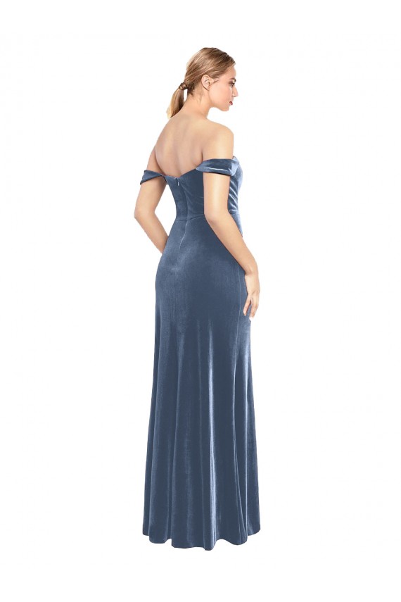 Magasins de Bleu poussiéreux Trapèze Épaule Dénudée Sans bretelle Velours Stretch Longue Robes demoiselle d'honneur / Robes de bal