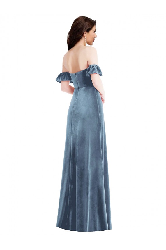 Magasins de Bleu poussiéreux Trapèze Épaule Dénudée Velours Stretch Longue Robes demoiselle d'honneur / Robes de bal